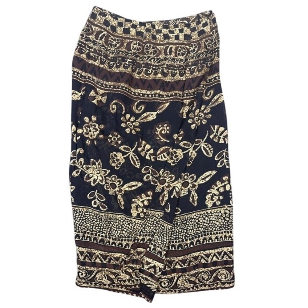 Amanda Smith Petites Womens 10P Black Brown Floral Tribal Rayon Midi Skirt 10P